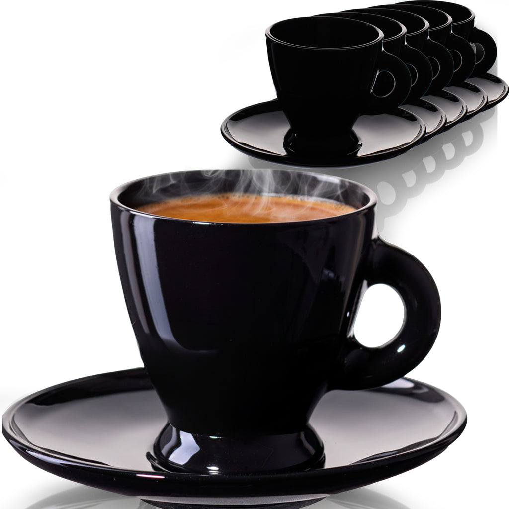 PLATINUM Zestaw filiżanek do espresso – 6 czarnych szklanek do espresso ze spodkami szklanymi 93 ml – szklanki do kawy, filiżanki do kawy
