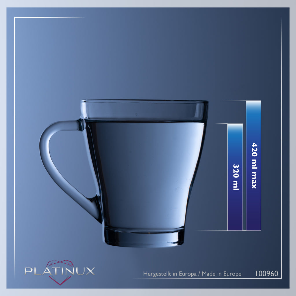 PLATINUX Szklanki do kawy z uchem Zestaw 6-częściowy 320ml (maks. 420ml) ze szkła Szklanka do herbaty
