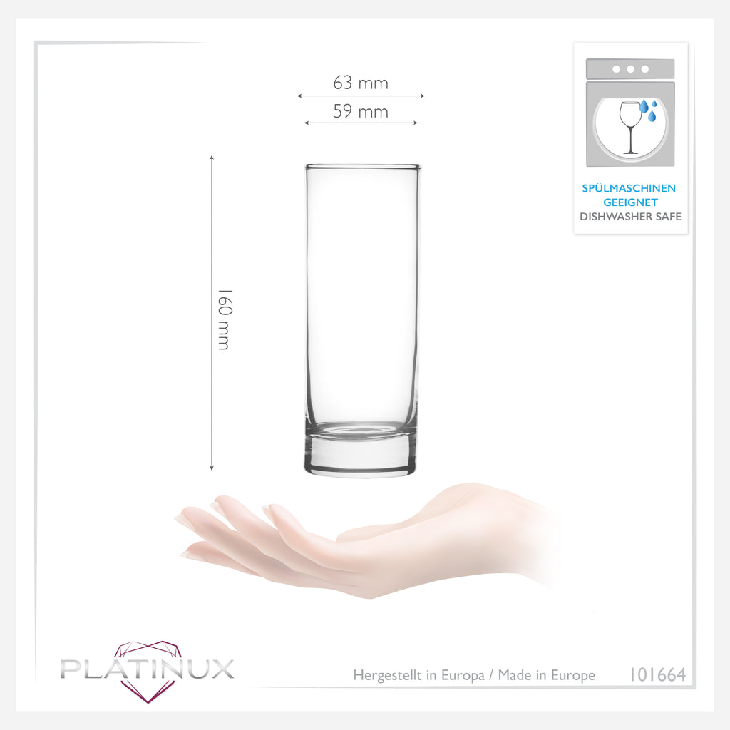 PLATINUX Wysokie szklanki do picia ze szkła 340ml (maks. 350ml) Zestaw 6-częściowy Szklanki do wody Szklanki do soku