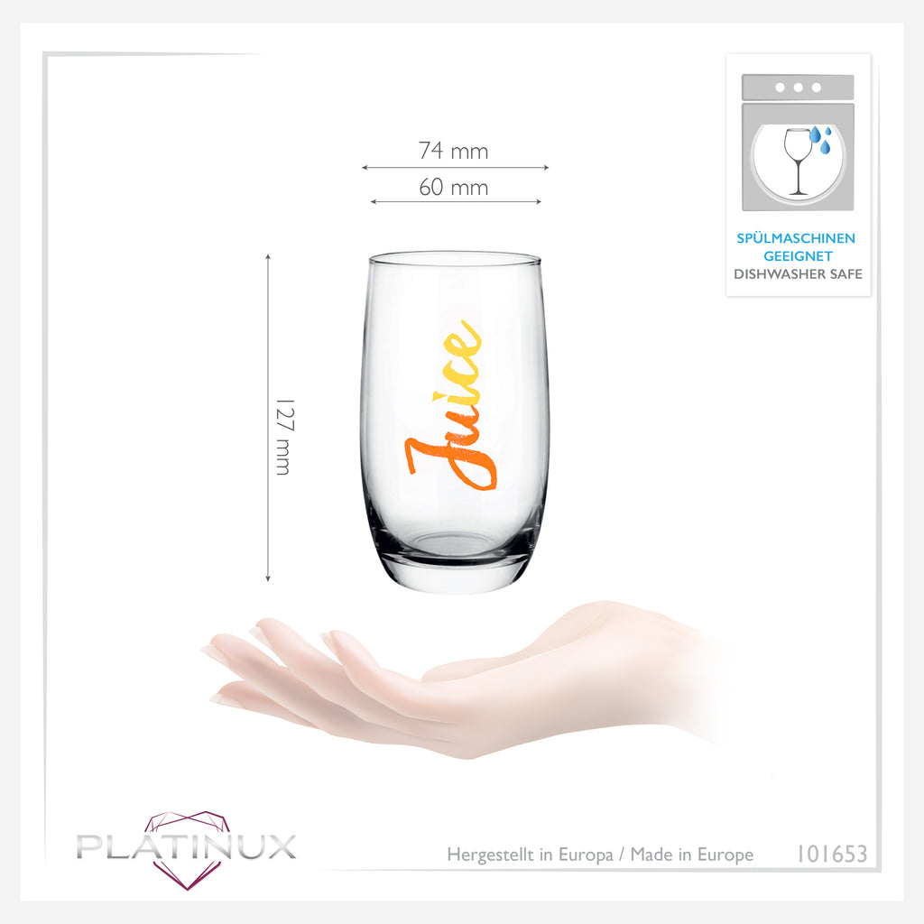 PLATINUX Eleganckie wysokie szklanki z nadrukiem soku 320ml (max. 380ml) Zestaw 6-częściowy szklany