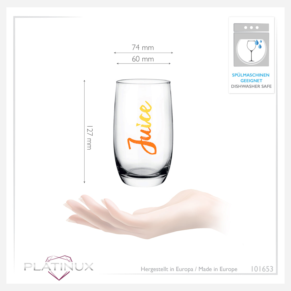 PLATINUX Eleganckie wysokie szklanki z nadrukiem soku 320ml (max. 380ml) Zestaw 6-częściowy szklany