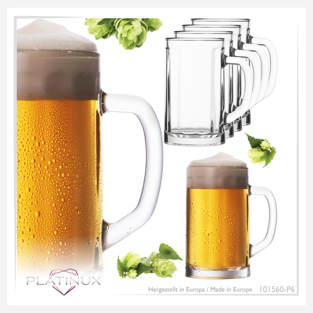 PLATINUX Zestaw 6 kufli do piwa z uchem 300 ml (maks. 350 ml) szklany kufel do piwa