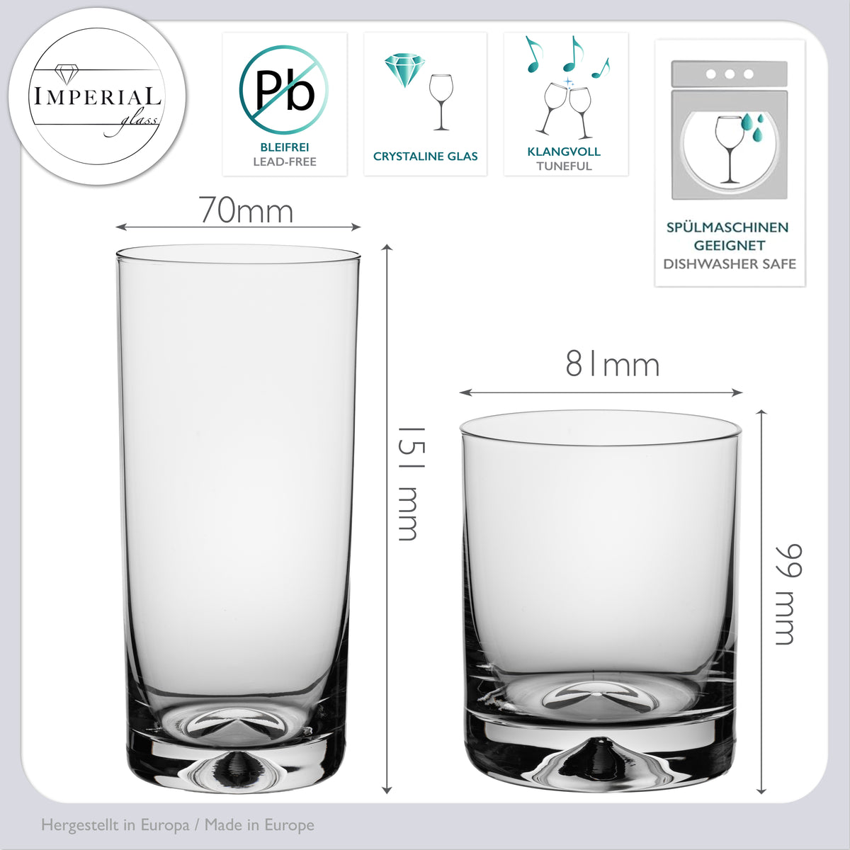 IMPERIAL glass Zestaw szklanek 12-częściowy – Szklanki do wody i soków 420ml i 360ml – Bezołowiowe szkło krystaliczne, można myć w zmywarce – wysokie i niskie szklanki