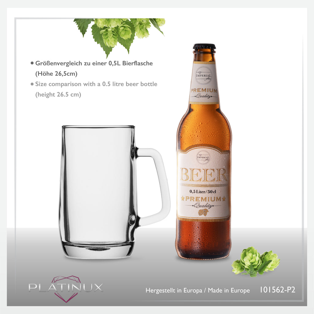 PLATINUX Zestaw dwóch szklanych kufli do piwa z uchem 500ml (maks. 580ml)