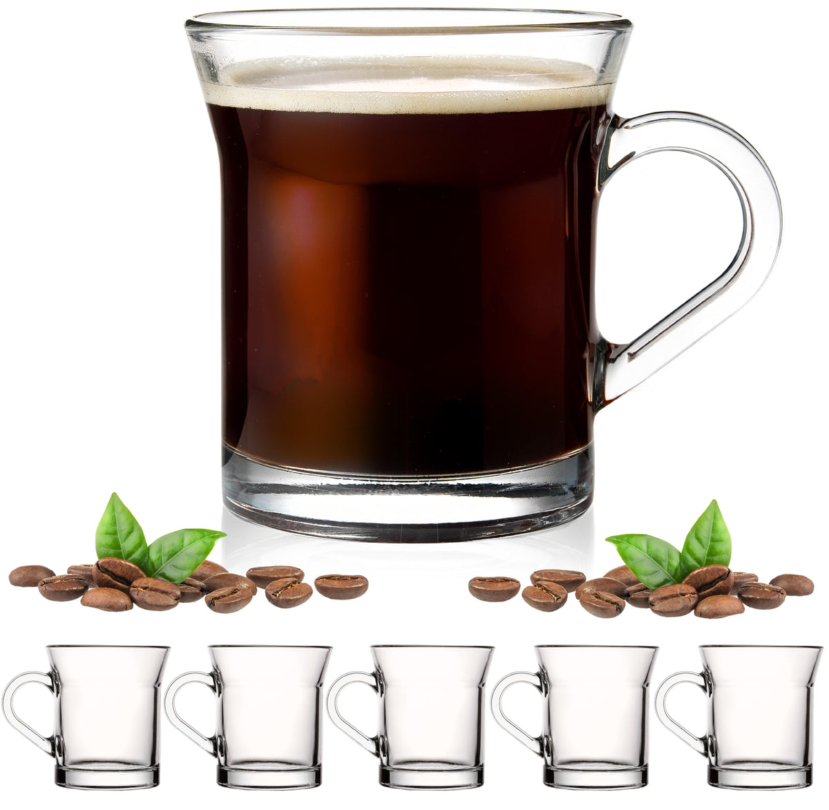 PLATINUX Szklanki do kawy z uchem, szklane 220ml (maks. 280ml) Zestaw 6 sztuk Szklanki do herbaty