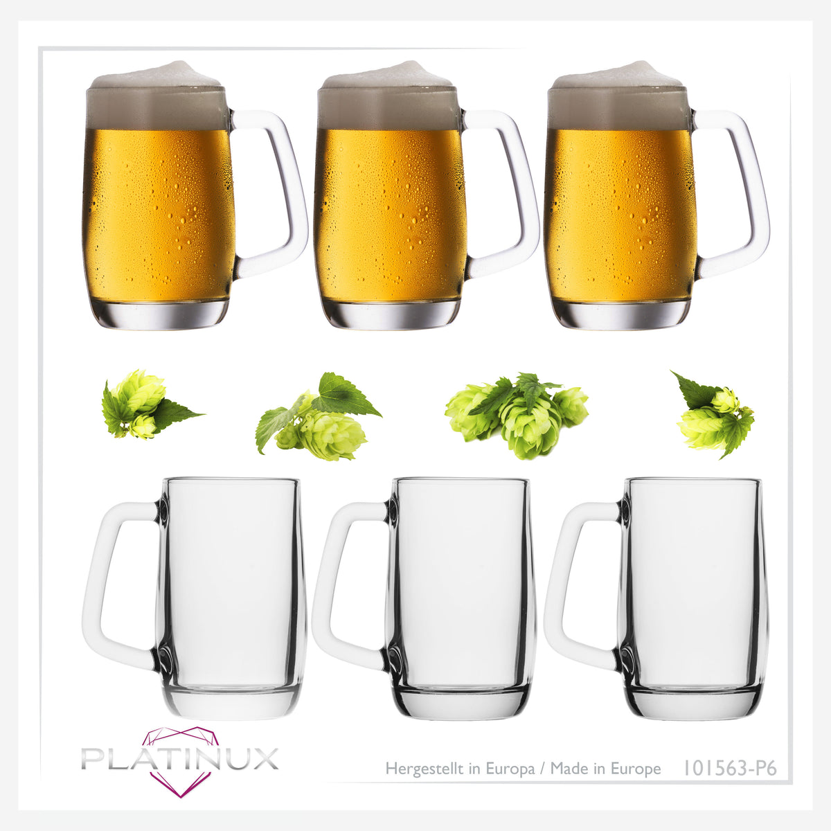 PLATINUX Kufel do piwa z uchwytem Zestaw 6-częściowy 300ml (maks. 375ml) Szklany kufel do piwa