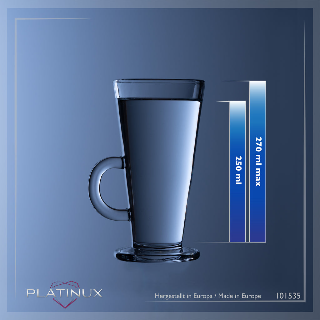 PLATINUX Szklanki do kawy z uchem 270ml Zestaw 6-częściowy ze szkła Szklanki do herbaty Szklanka do kawy mrożonej