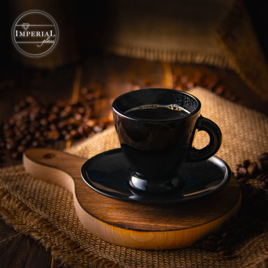 PLATINUX Zestaw filiżanek do espresso – 2 czarne szklanki do espresso ze spodkami szklane 93 ml – Szklanki do kawy Filiżanki