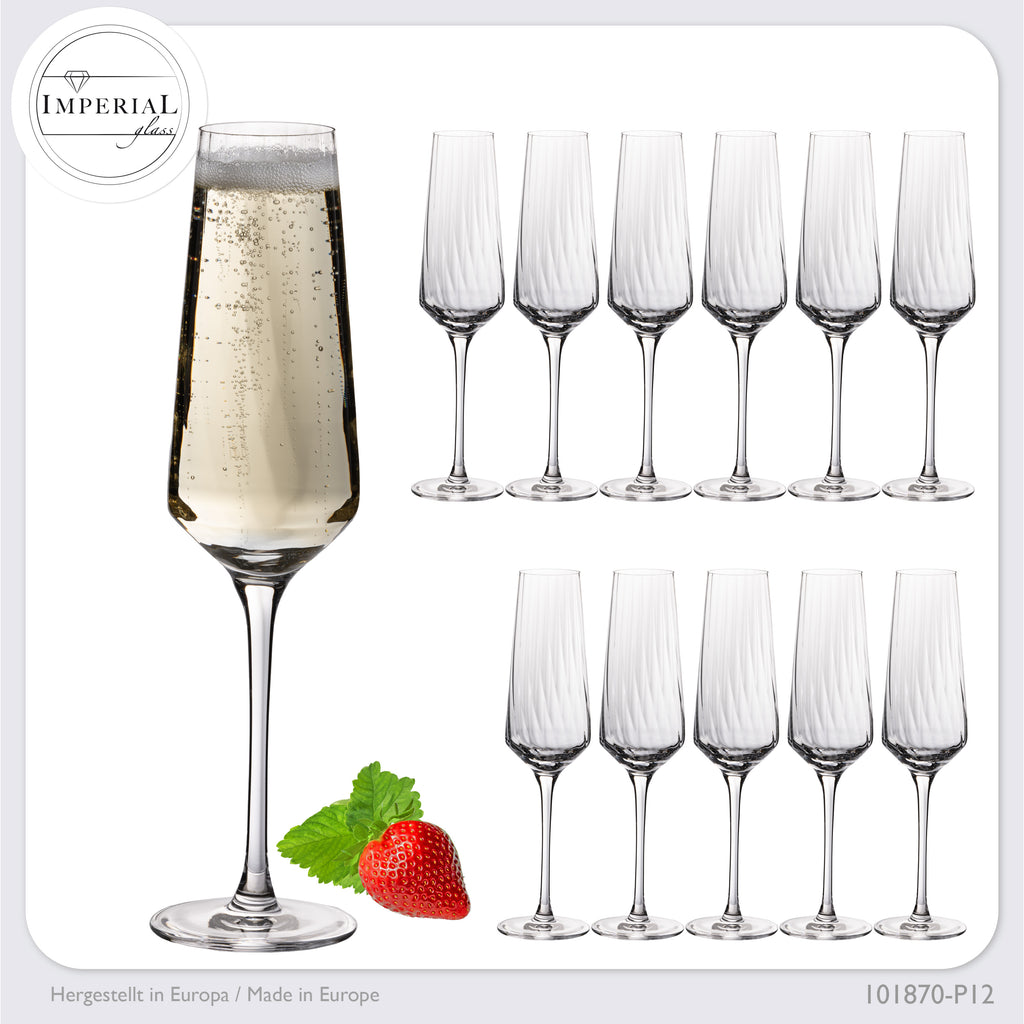 IMPERIAL glass Sektkelche 200ml (max 230ml) "London" Set 12-Teilig geriffelte Sektgläser aus Crystalline Glas