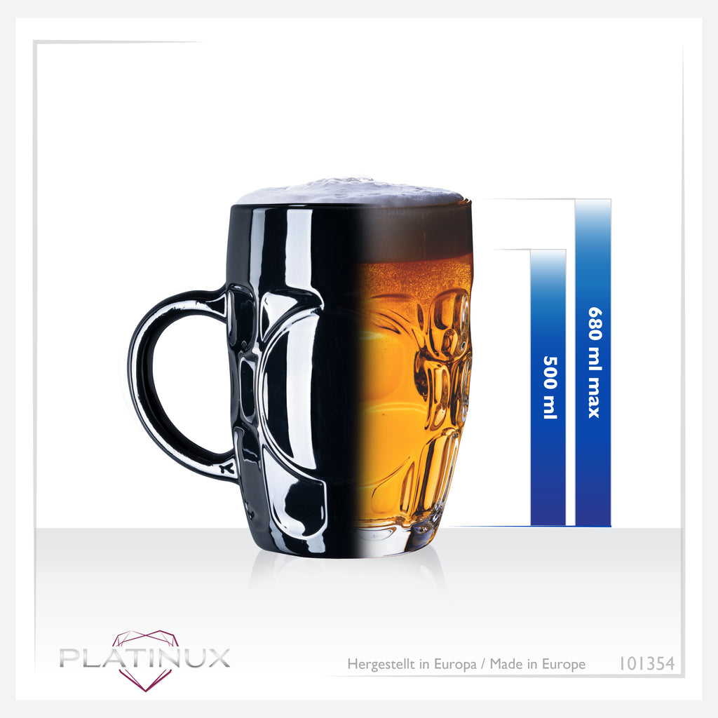PLATINUX Czarne Szklanki do Piwa 500ml z Uchwytem Zestaw 6 Szklanych Kufli z Ornamentem
