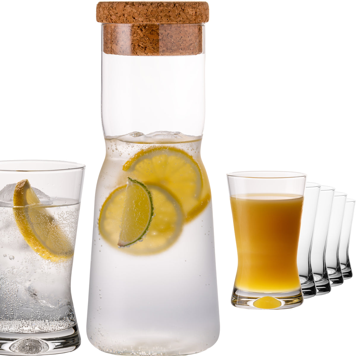 PLATINUX Karafka z korkiem i 6 szklankami w kształcie litery X, 1000 ml / 200 ml ze szkła krystalicznego „CrossLine”, można myć w zmywarce