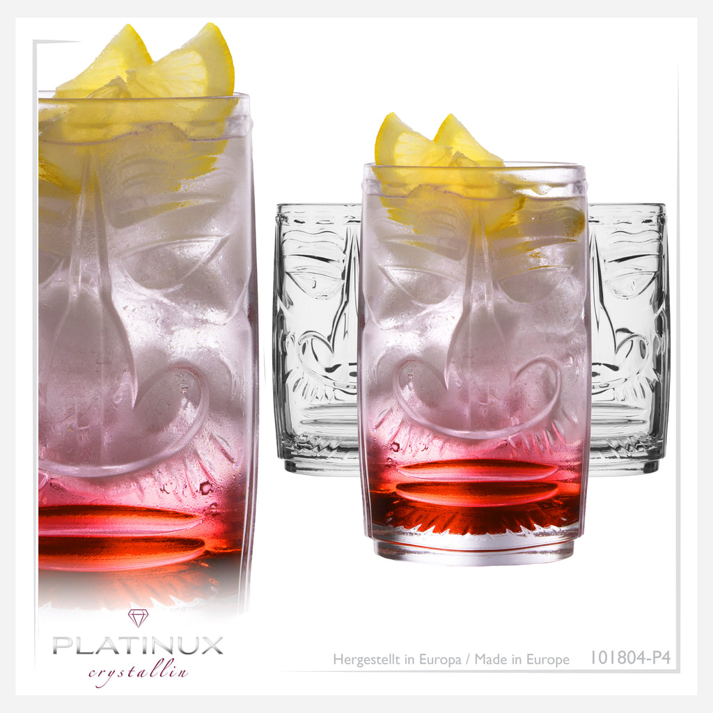 PLATINUX Tiki Zestaw 4 szklanek, szklane 350ml (maks. 450ml) Szklanki koktajlowe Szklanki do picia
