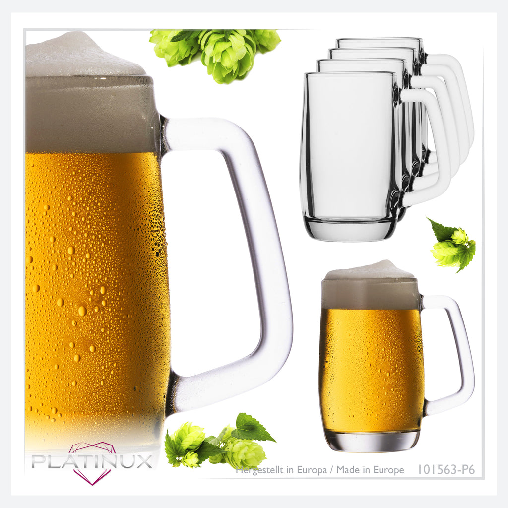 PLATINUX Kufel do piwa z uchwytem Zestaw 6-częściowy 300ml (maks. 375ml) Szklany kufel do piwa