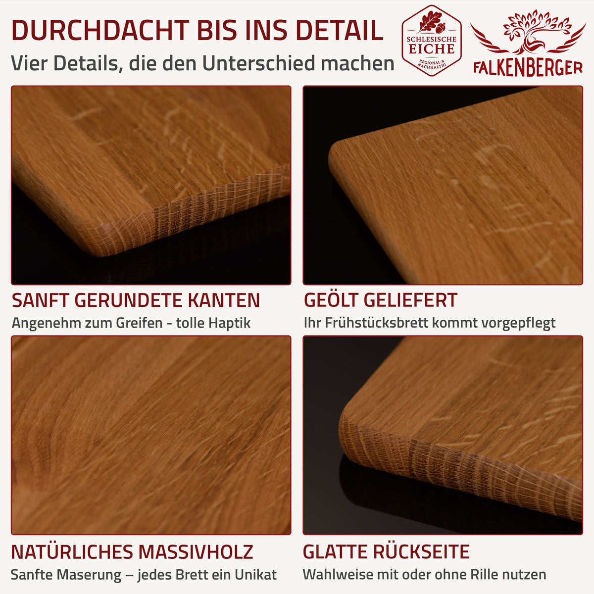 FALKENBERGER Frühstücksbrettchen 6er Set massive Eiche, 24 × 14 × 1,6 cm Handgefertigt