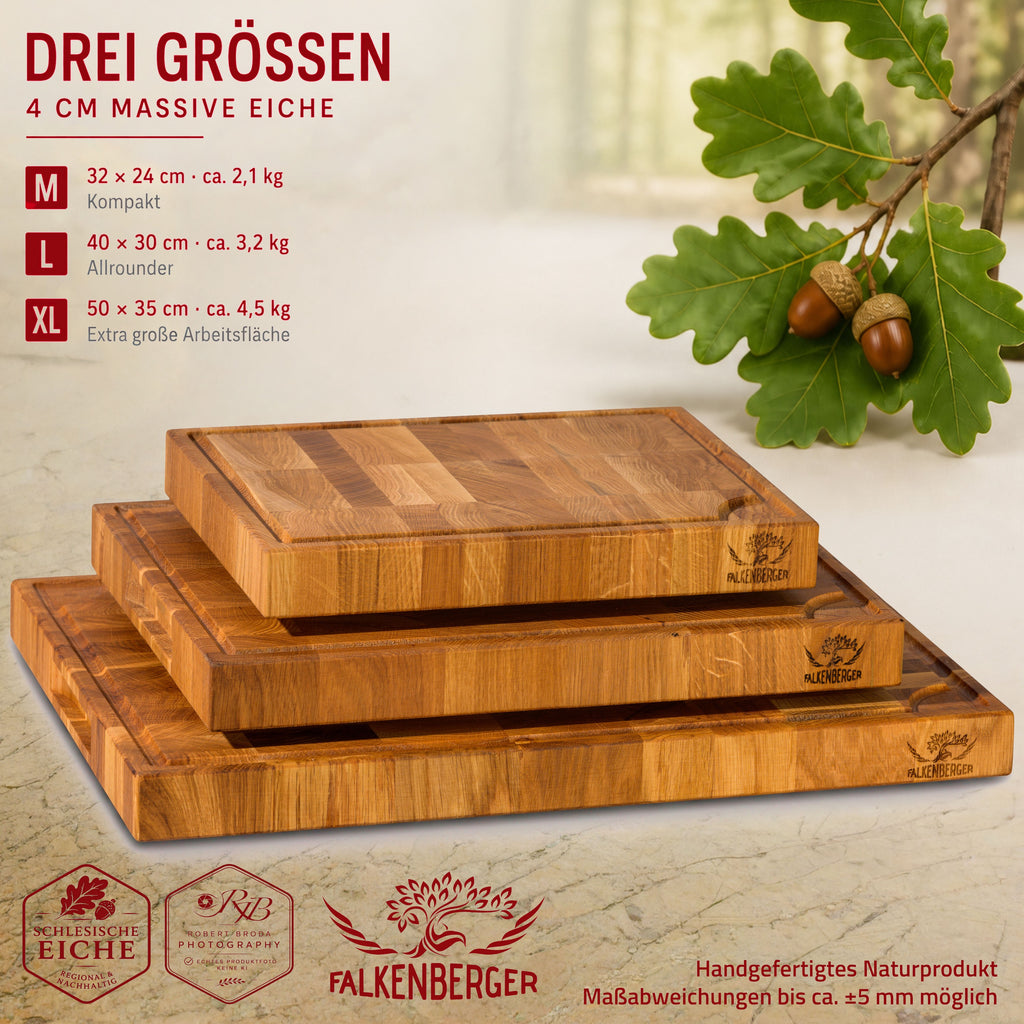 FALKENBERGER Stirnholz Schneidebrett aus massiver Eiche 32 × 24 × 4 cm M Handgefertigt