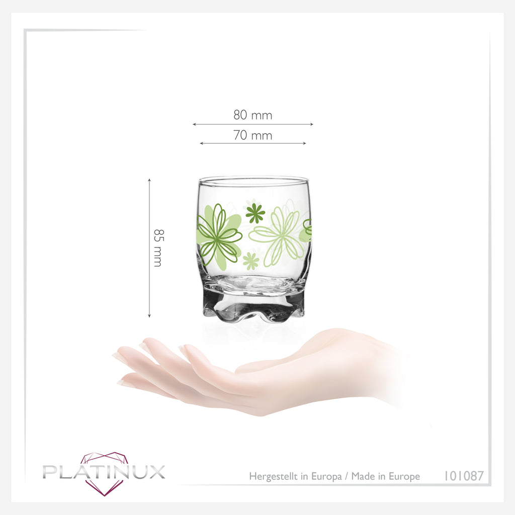 PLATINUX Szklanki z kwiatowym dekorem, zestaw 6 sztuk, 250ml (max. 280ml), szklanki do wody, szklanki do soków z profilowanym dnem