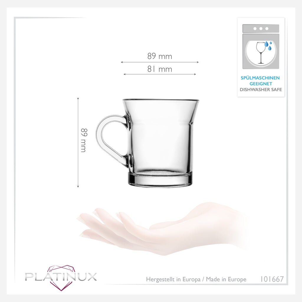 PLATINUX Szklanki do kawy z uchem, szklane 220ml (maks. 280ml) Zestaw 6 sztuk Szklanki do herbaty
