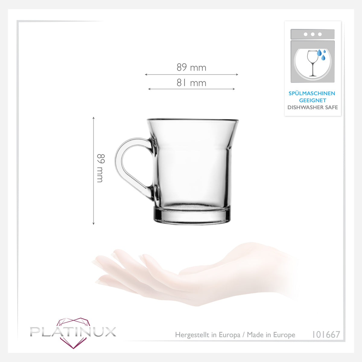 PLATINUX Szklanki do kawy z uchem, szklane 220ml (maks. 280ml) Zestaw 6 sztuk Szklanki do herbaty