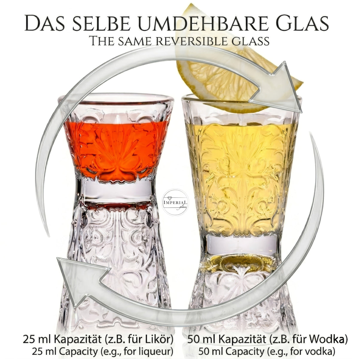 IMPERIAL glass Kufelki do shota 2 sztuki ze szkła krystalicznego - odwracalny kieliszek do shota 30ml/60ml, kieliszki do shota Tiki z reliefem, kieliszki do wódki można myć w zmywarce