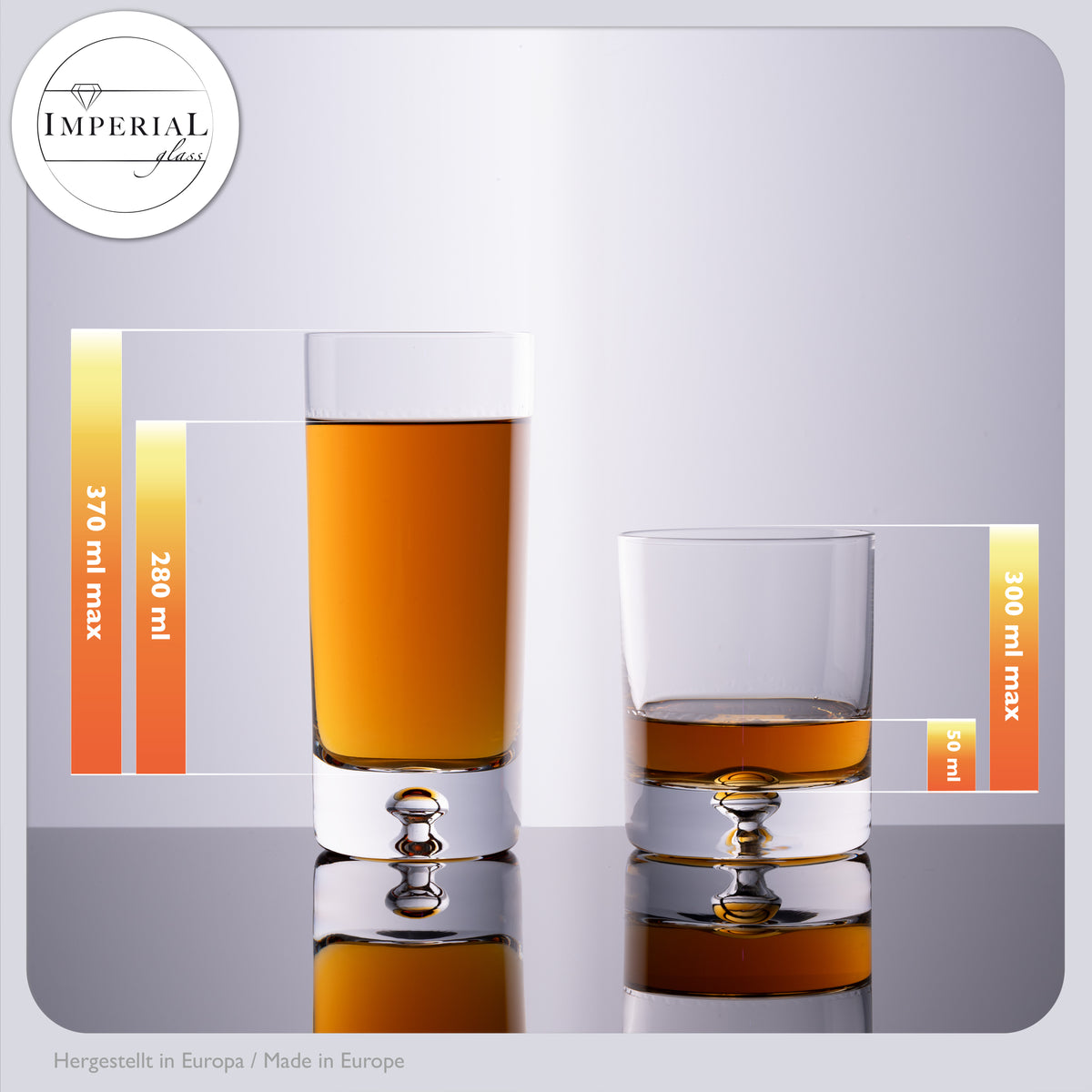 Zestaw szklanek IMPERIAL z pęcherzykiem powietrza w dnie, ze szkła krystalicznego, 370 ml i 300 ml, „Lizbona”, ręcznie robione
