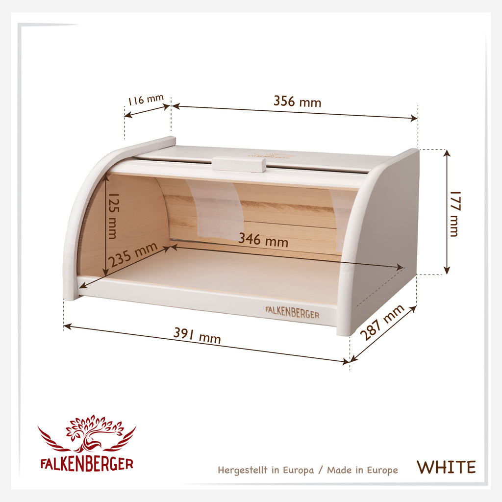 FALKENBERGER Chlebak drewniany Buk Biel ok. 39x29x18cm Pojemnik na chleb z rolowaną pokrywą Handmade