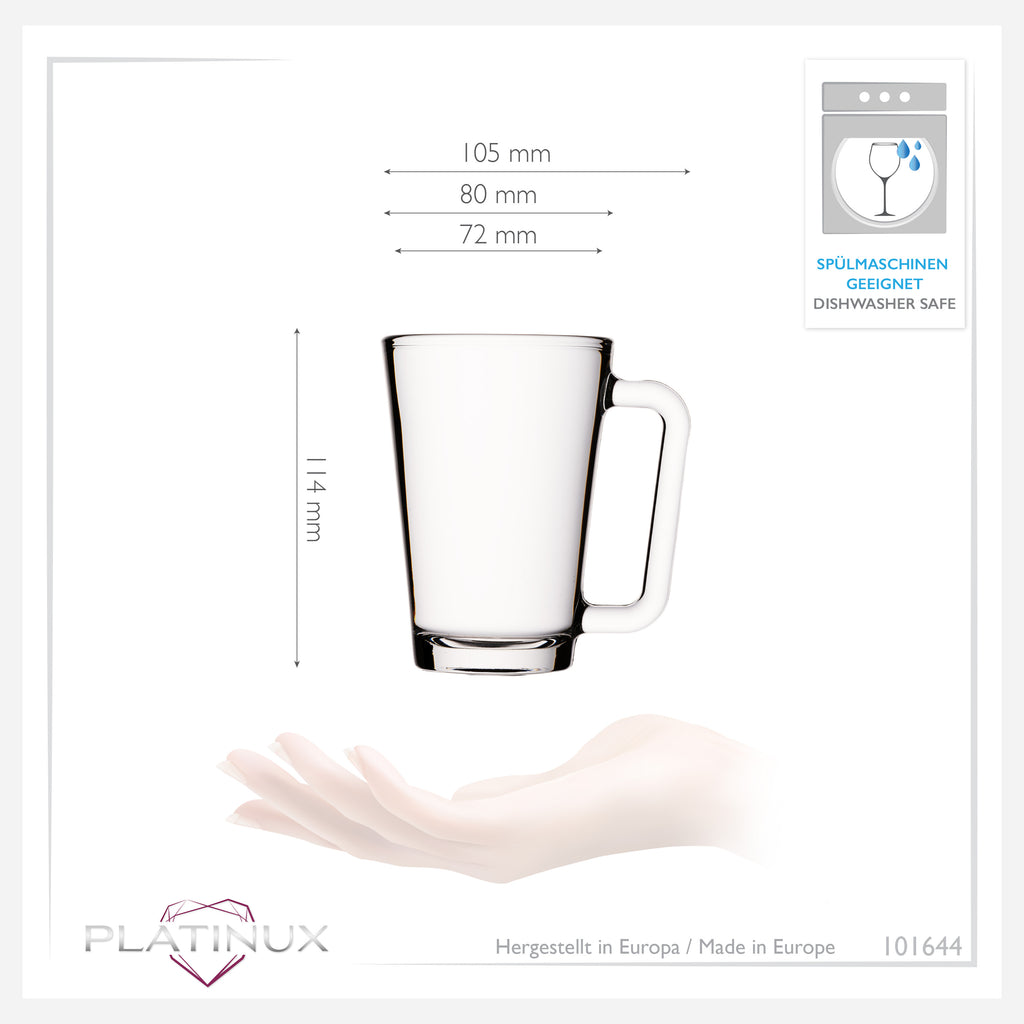 PLATINUX Szklanki do herbaty ze szkła z uchem Szklanki do kawy 220ml (maks. 280ml) Zestaw 6-częściowy