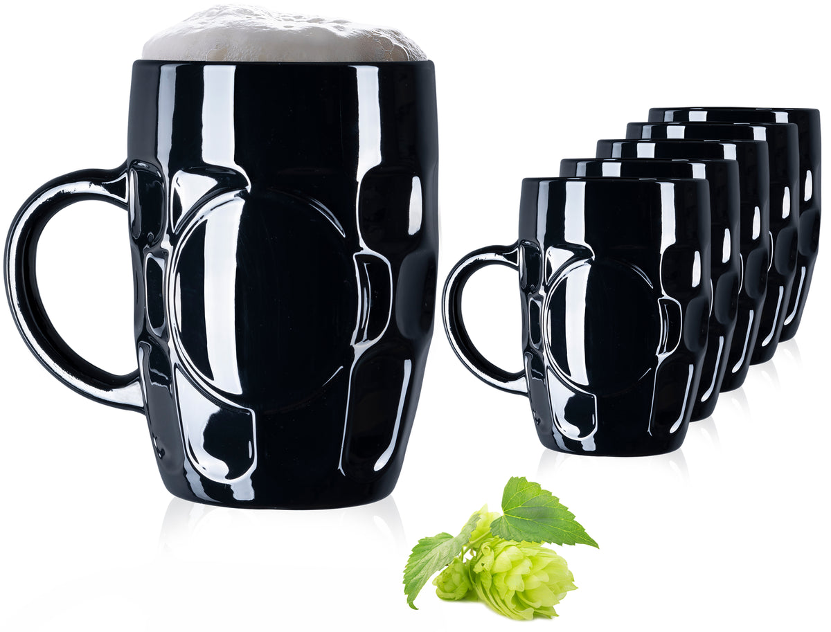 PLATINUX Czarne Szklanki do Piwa 500ml z Uchwytem Zestaw 6 Szklanych Kufli z Ornamentem