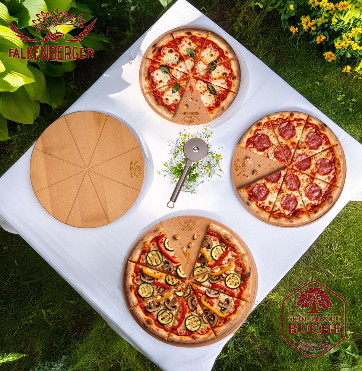 FALKENBERGER Pizzateller Pizzabrett L 2er Set, massive Buche 35 cm x 1,7 cm Handgefertigt