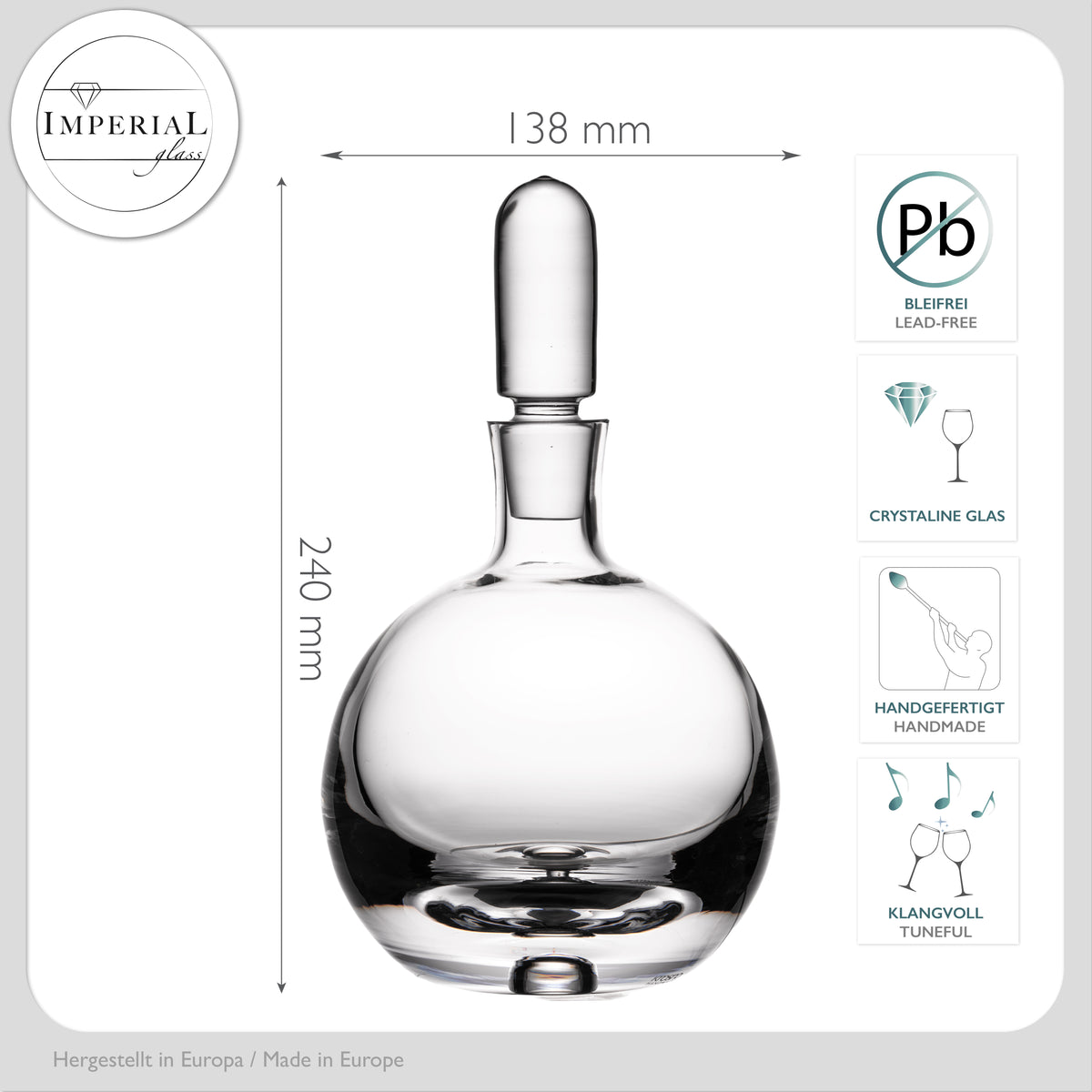 Karafka na koniak IMPERIAL ze szkła krystalicznego z korkiem szklanym i pęcherzykiem powietrza w dnie, 600 ml, ręcznie robiona