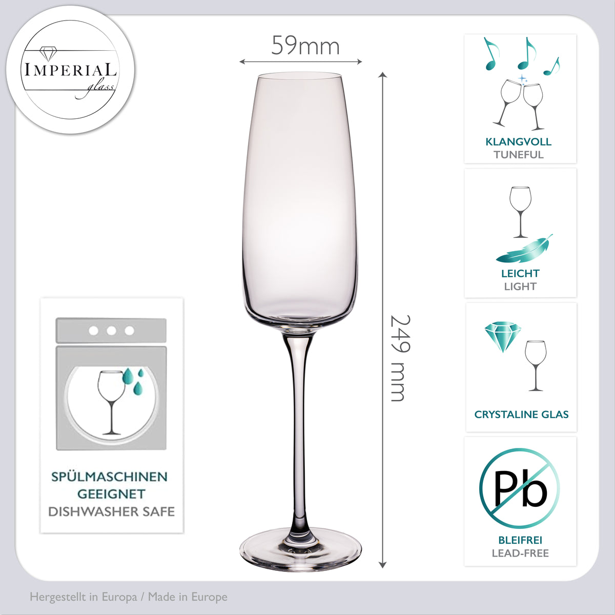 IMPERIAL glass Kanciaste kieliszki do szampana 270ml Zestaw 6 sztuk Kieliszki do szampana i prosecco ze szkła krystalicznego Seria "Milano" można myć w zmywarce
