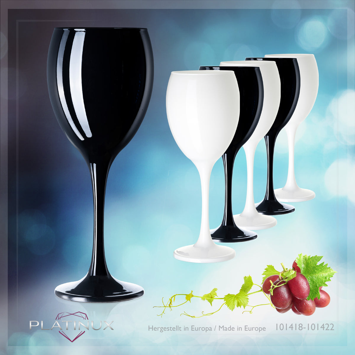 PLATINUX Szklanki do wina czarne i białe, szklane, zestaw 6 sztuk, 130 ml (maks. 320 ml), szklanki do napojów