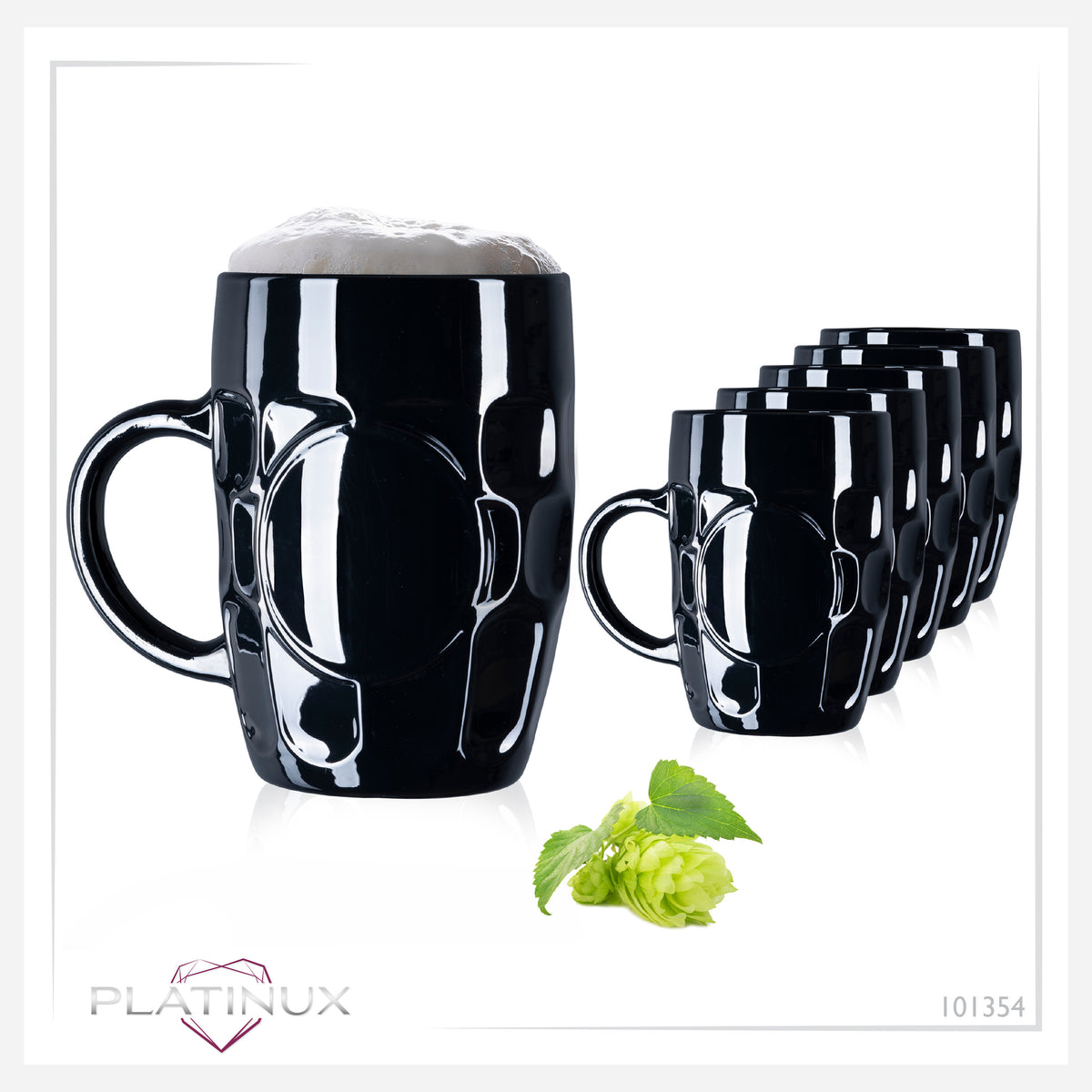 PLATINUX Czarne Szklanki do Piwa 500ml z Uchwytem Zestaw 6 Szklanych Kufli z Ornamentem
