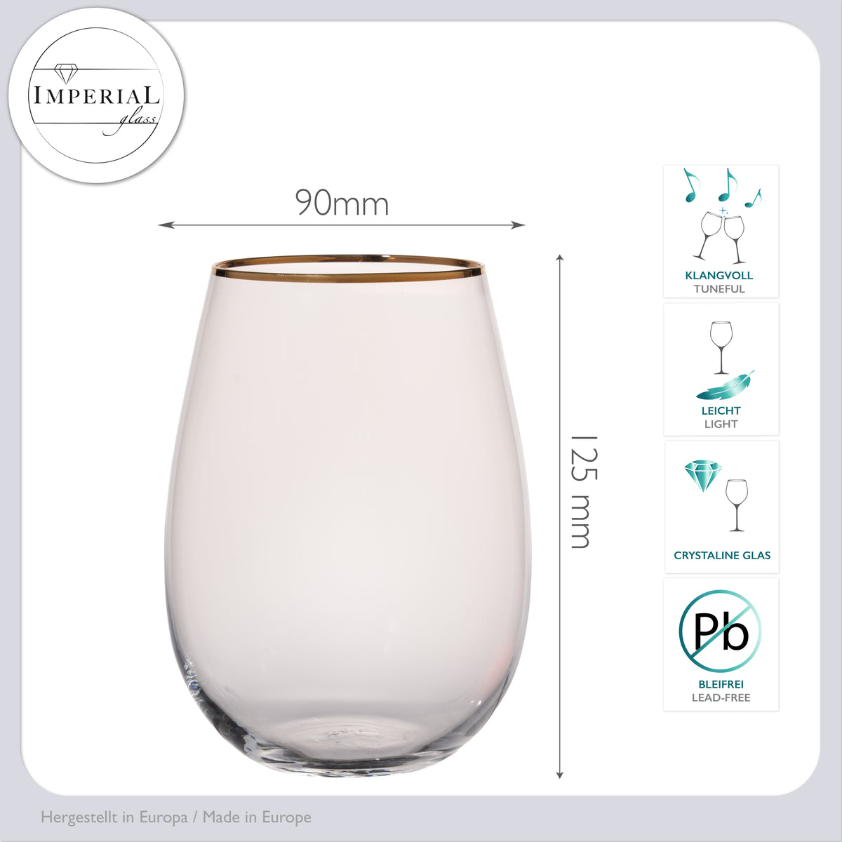 IMPERIAL Trinkgläser mit Goldrand 500ml ohne Stiel aus Crystalline Glas 6er Set "Goldrand"