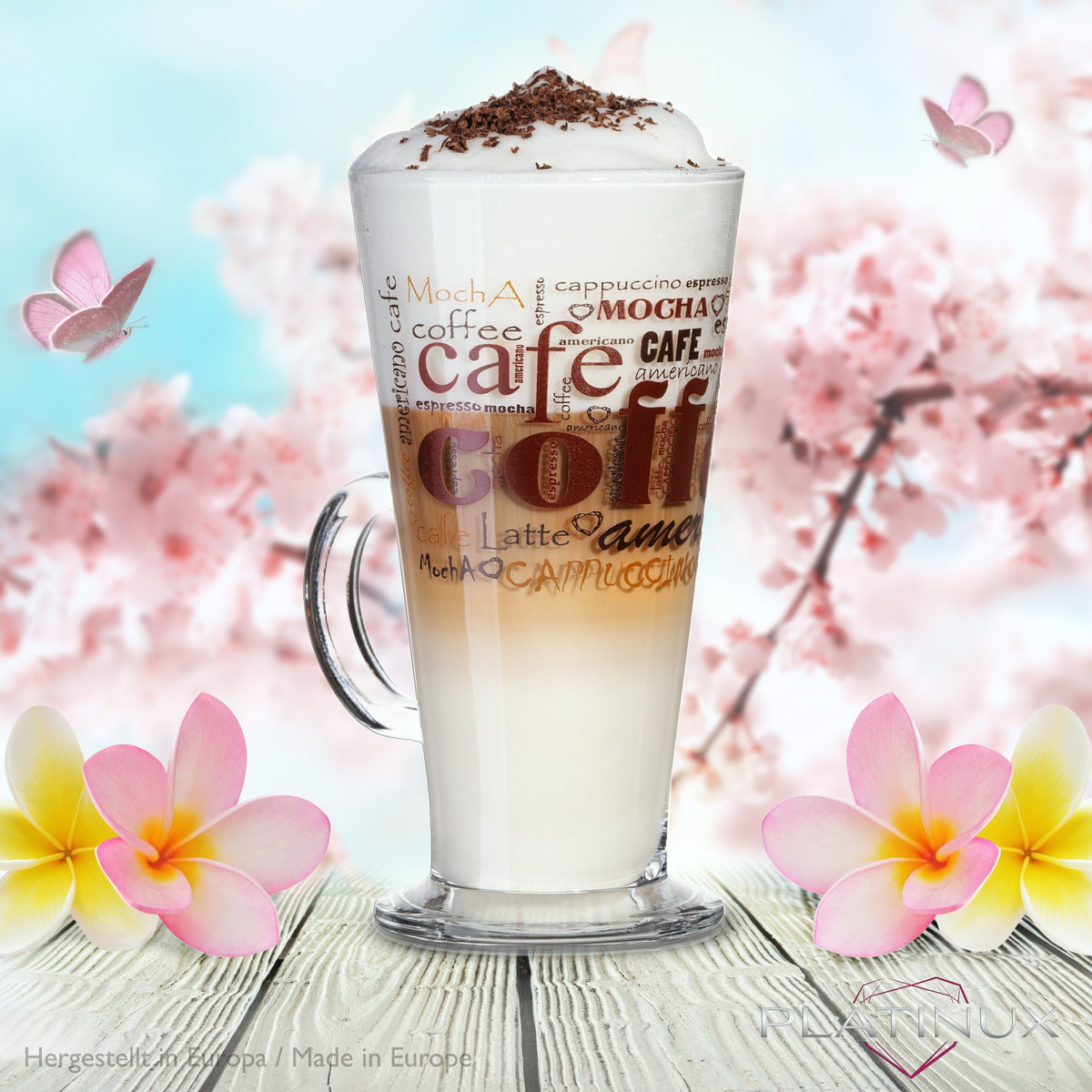 PLATINUM Szklanki do kawy z motywem maks. 280ml zestaw 6 sztuk szklanych szklanek do Latte Macchiato z uchwytem szklanki do Cappuccino