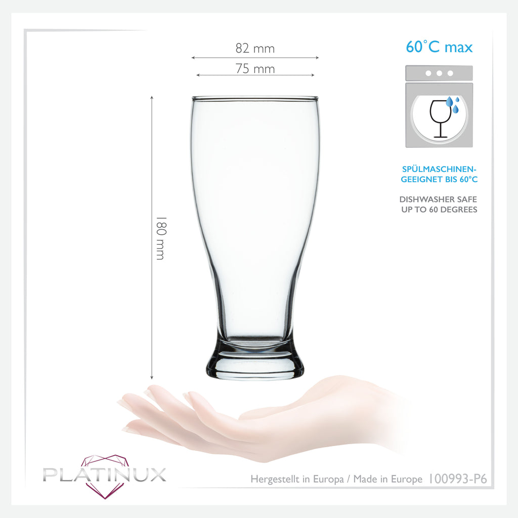 PLATINUX Zestaw 6 szklanek do piwa 500ml (maks. 565ml) Szklanki do piwa z uchem Kufle do piwa Szklanki do pszenicznego piwa Wysokie szklanki do piwa