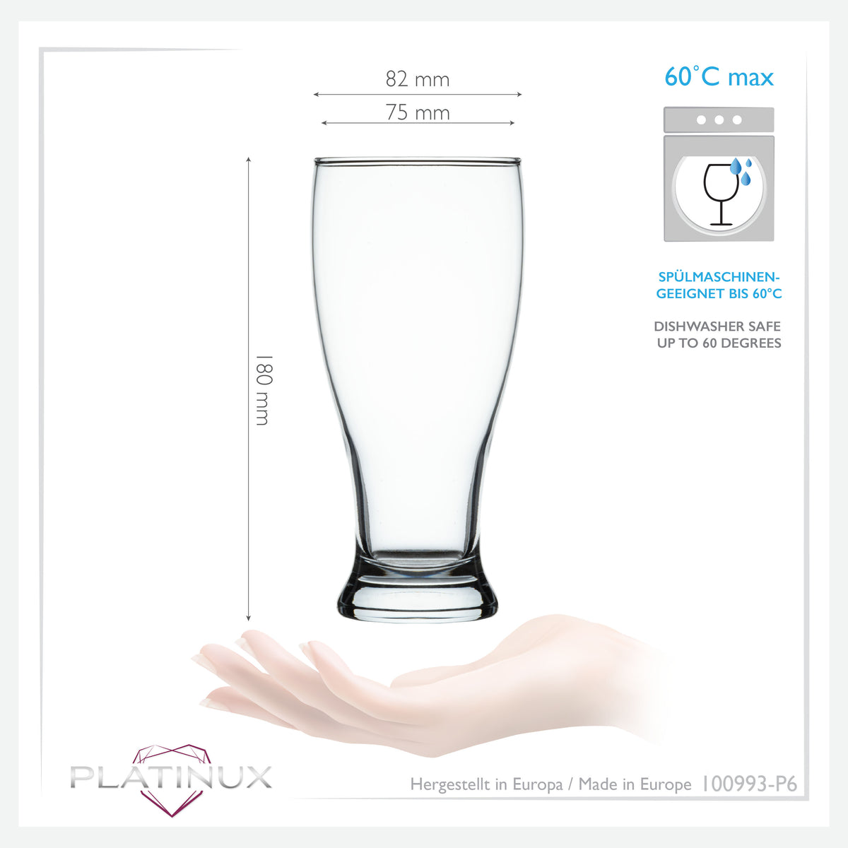 PLATINUX Zestaw 6 szklanek do piwa 500ml (maks. 565ml) Szklanki do piwa z uchem Kufle do piwa Szklanki do pszenicznego piwa Wysokie szklanki do piwa