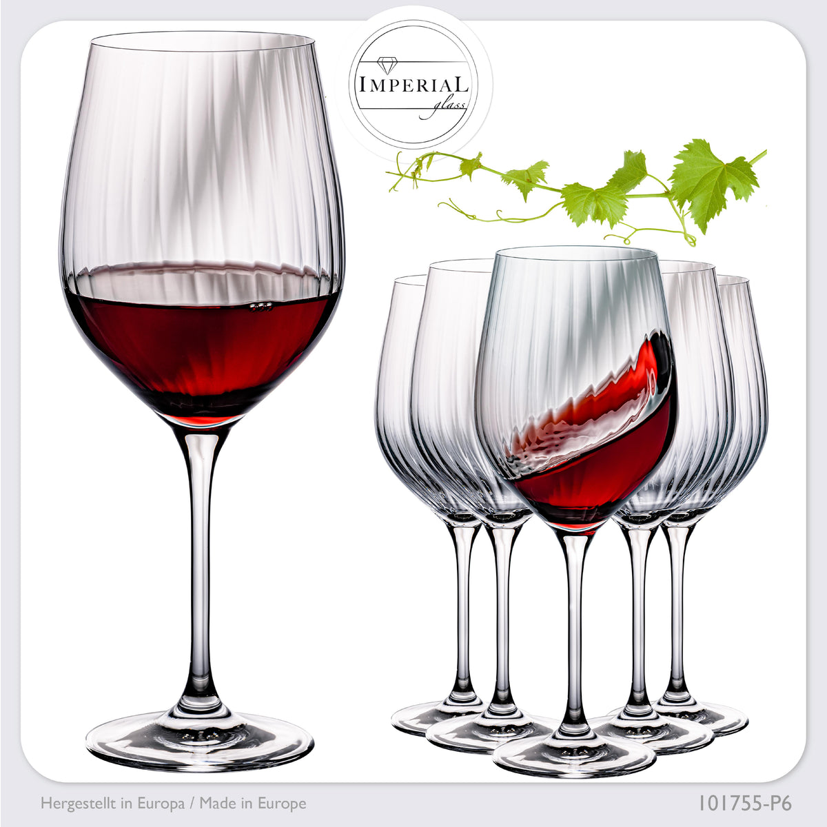 IMPERIAL glass Rotweingläser 450ml "London" Set 6-Teilig geriffelte Weingläser aus Crystalline Glas Universalweingläser