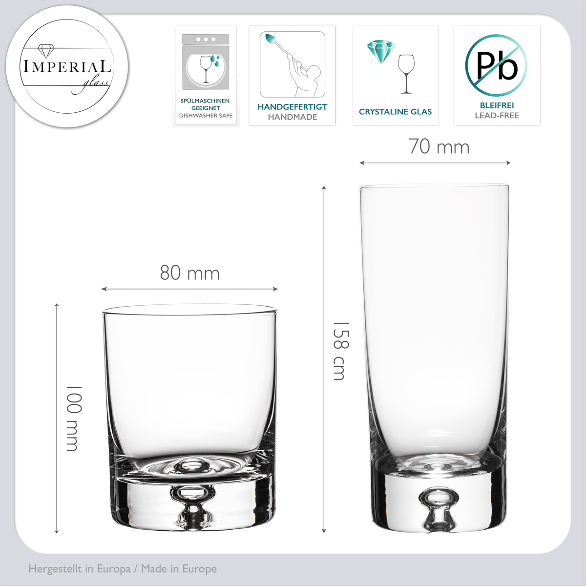 Zestaw szklanek IMPERIAL z pęcherzykiem powietrza w dnie, ze szkła krystalicznego, 370 ml i 300 ml, „Lizbona”, ręcznie robione