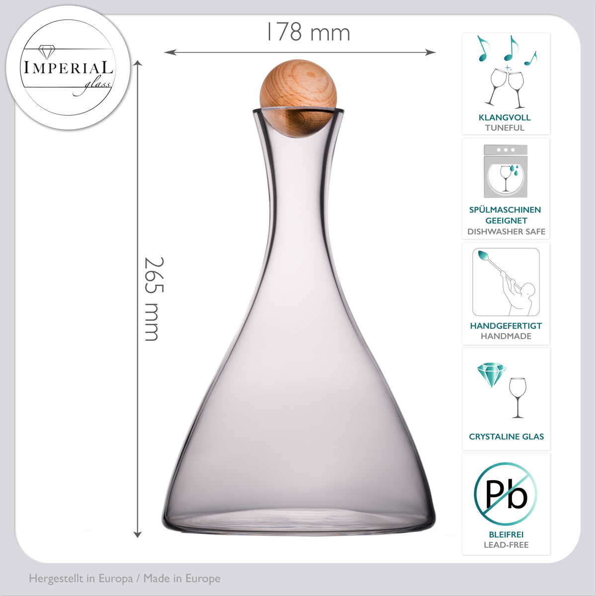 IMPERIAL szklana karafka do wina ze szkła krystalicznego – ręcznie wykonana z drewnianym korkiem 1700 ml
