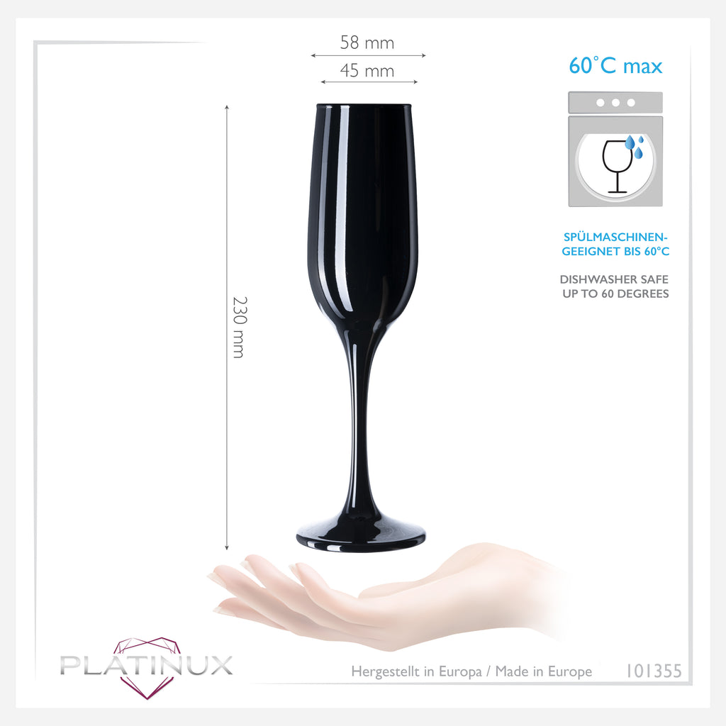 PLATINUX Czarne stabilne kieliszki do szampana Zestaw 6 sztuk 160ml (maks. 210ml) Kieliszki do prosecco szklane