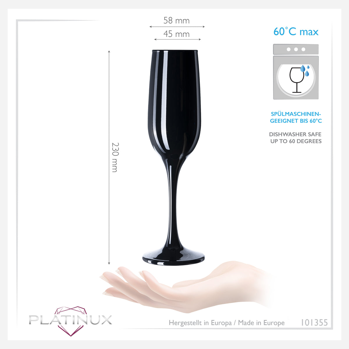PLATINUX Czarne stabilne kieliszki do szampana Zestaw 6 sztuk 160ml (maks. 210ml) Kieliszki do prosecco szklane