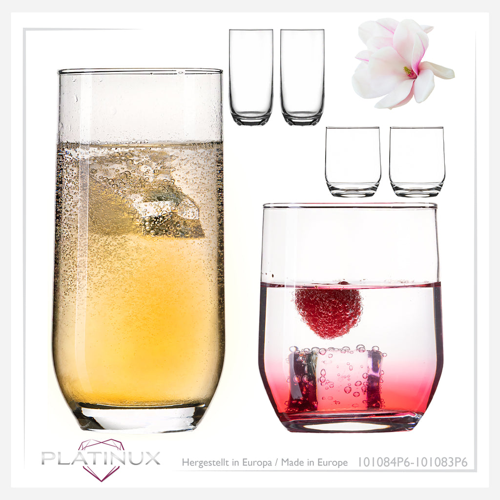 PLATINUX Eleganckie szklanki do picia 240 ml i 360 ml, zestaw 6-częściowy, szklanki do wody, można myć w zmywarce