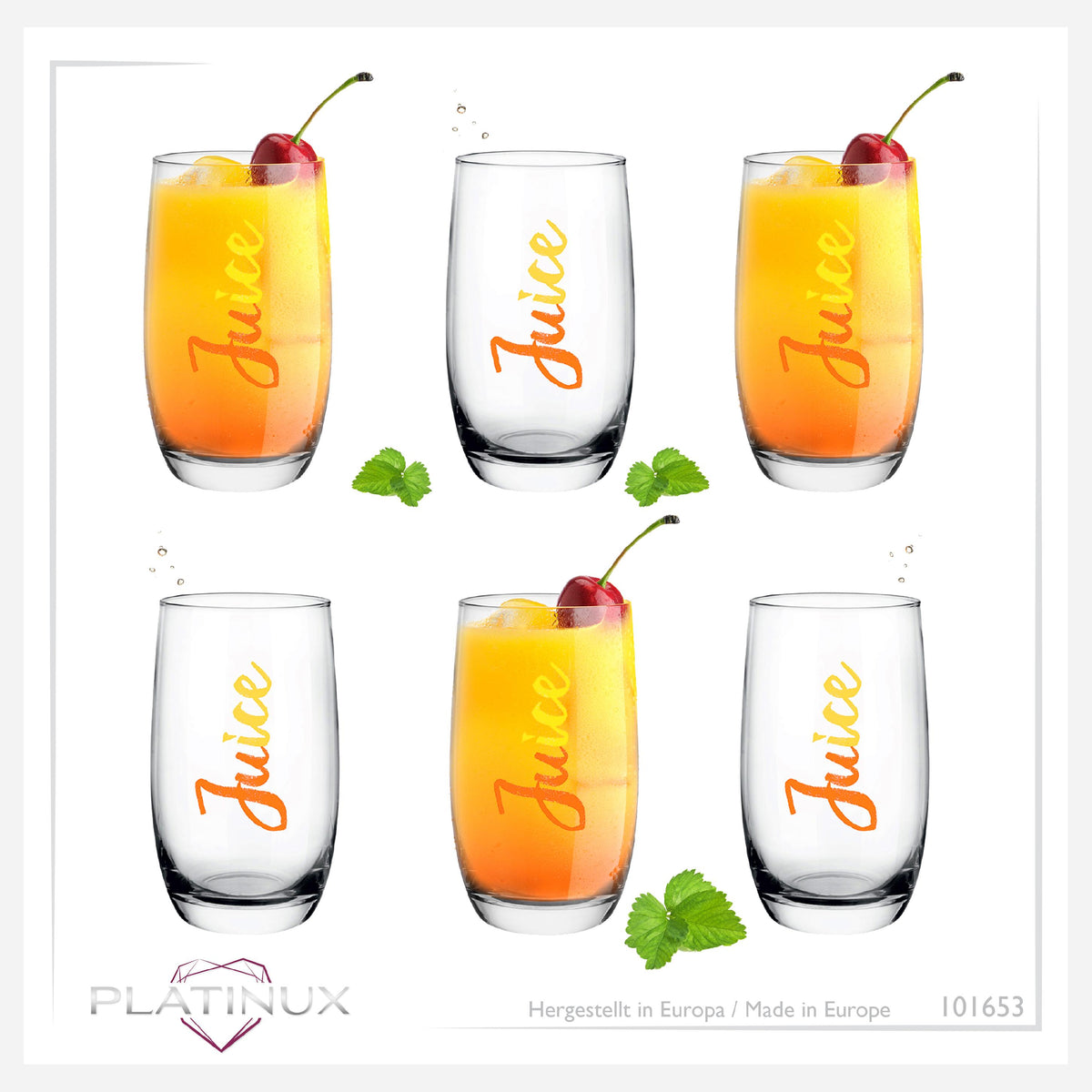 PLATINUX Eleganckie wysokie szklanki z nadrukiem soku 320ml (max. 380ml) Zestaw 6-częściowy szklany