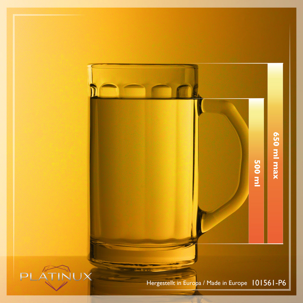 PLATINUX Zestaw 6 kufli do piwa ze szkła z uchem o pojemności 500ml (max. 650ml)