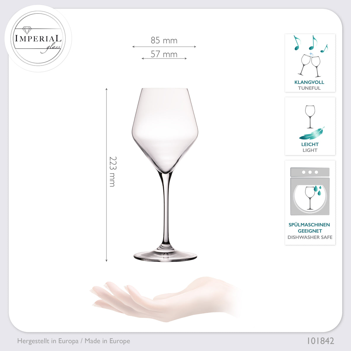 Kieliszki do białego wina IMPERIAL 370 ml seria „Rom” – zestaw 6 sztuk ze szkła kryształowego