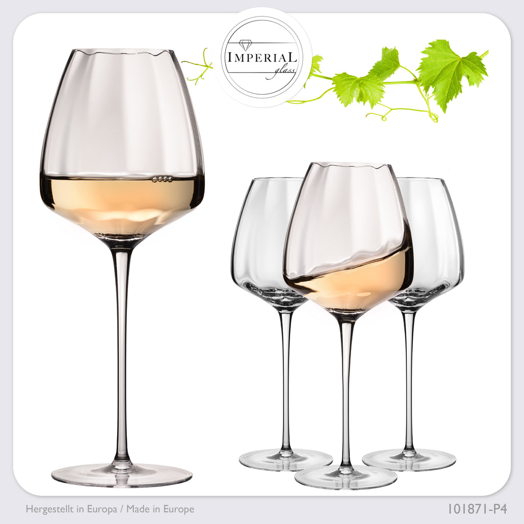 IMPERIAL glass Große Weißweingläser gewellt 650ml Set 4-Teilig "Cali" Bauchige Chardonnaygläser aus Crystalline Glas Handmade