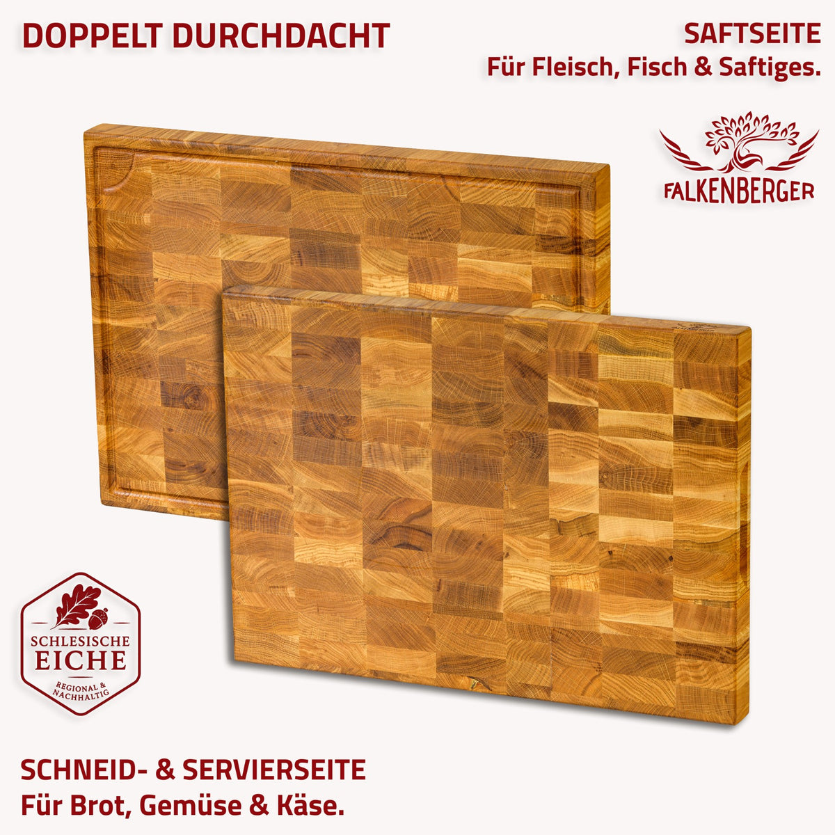 FALKENBERGER Stirnholz Schneidebrett aus massiver Eiche 50 × 35 × 4 cm XL Handgefertigt