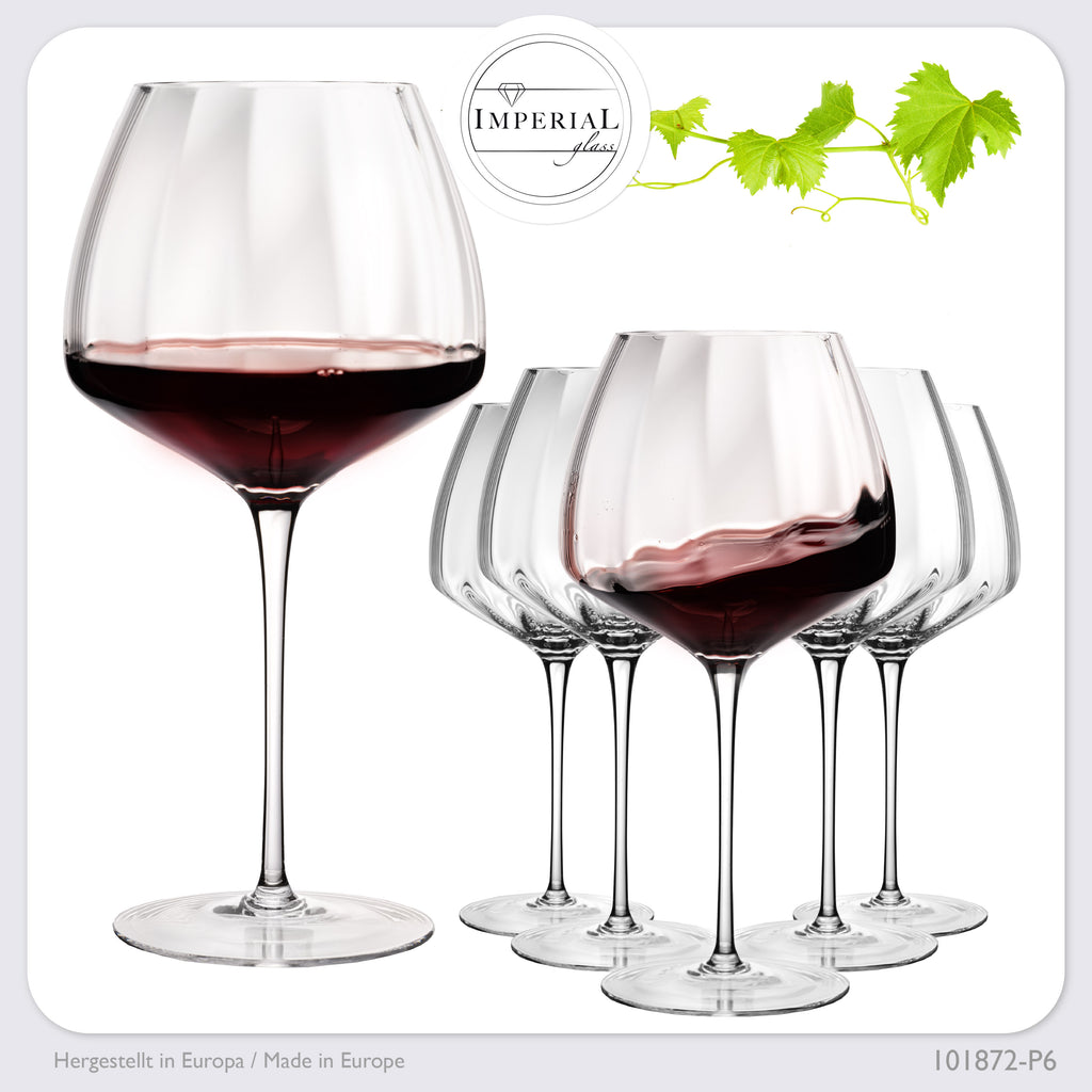 IMPERIAL glass Große Rotweingläser gewellt 930ml Set 6-Teilig "Cali" Bauchige Burgundergläser aus Crystalline Glas Handmade