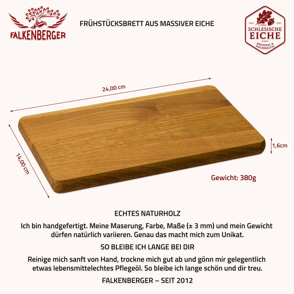 FALKENBERGER Frühstücksbrettchen 2er Set massive Eiche, 24 × 14 × 1,6 cm Handgefertigt