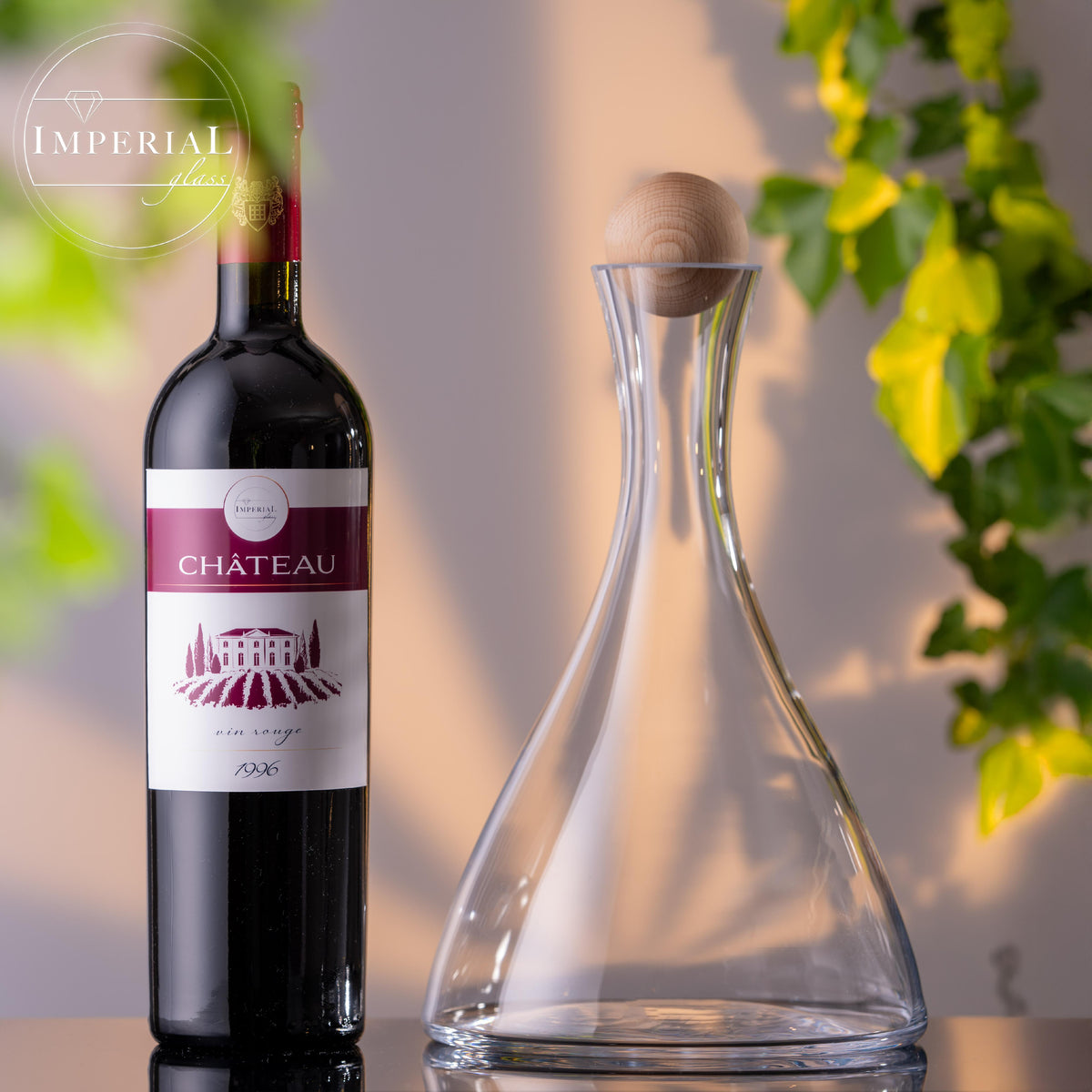 IMPERIAL szklany dekanter do wina z kryształowego szkła - 2 sztuki - ręcznie wykonana karafka do wina z drewnianym korkiem 1700 ml